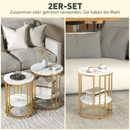 Round Coffee Table 2-Piece Set Side Table with Shelf, Steel Frame, Living Room Table in Marble Effect Coffee Table for Living Room Bedroom White