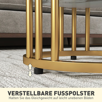 Round Coffee Table 2-Piece Set Side Table with Shelf, Steel Frame, Living Room Table in Marble Effect Coffee Table for Living Room Bedroom White