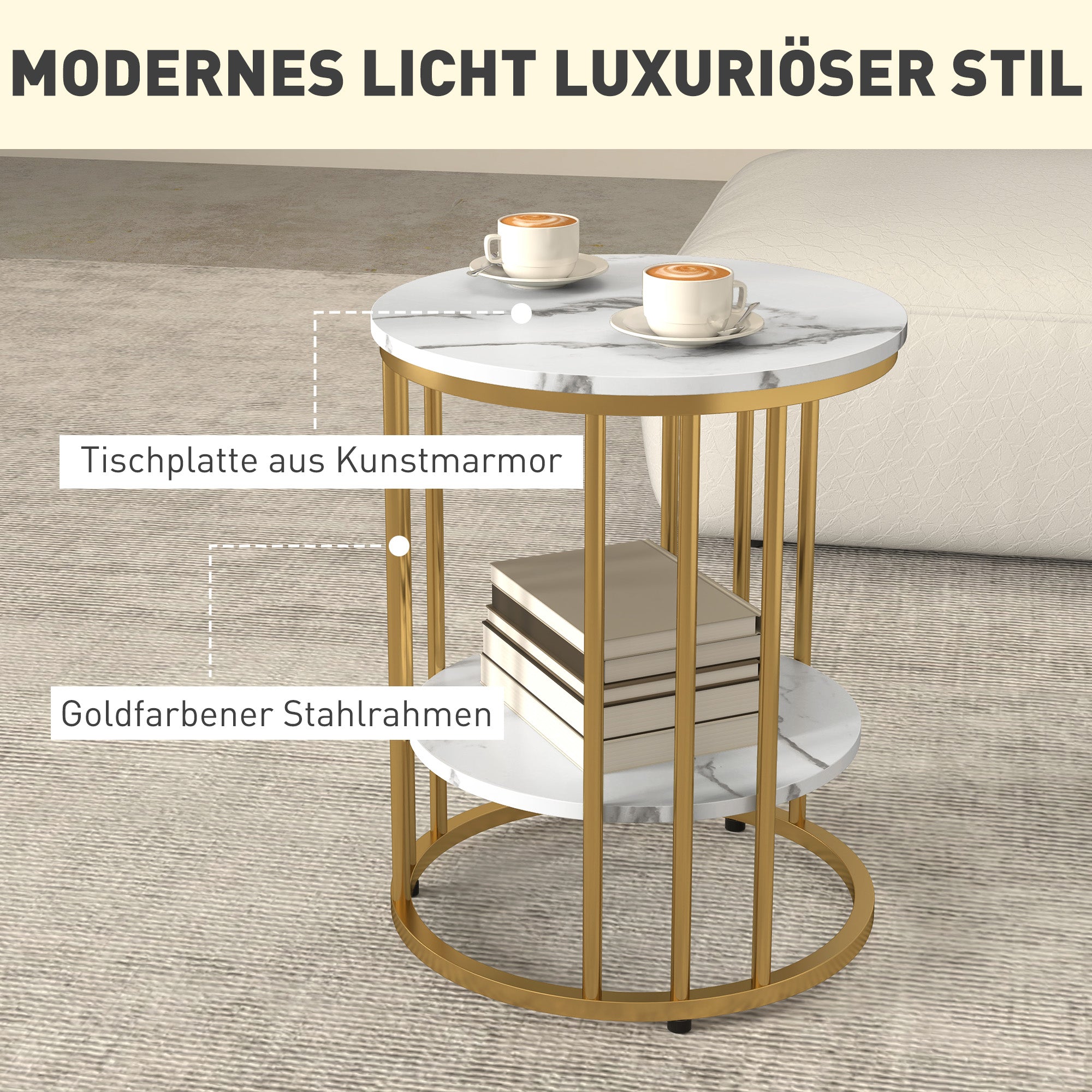 Round Coffee Table 2-Piece Set Side Table with Shelf, Steel Frame, Living Room Table in Marble Effect Coffee Table for Living Room Bedroom White