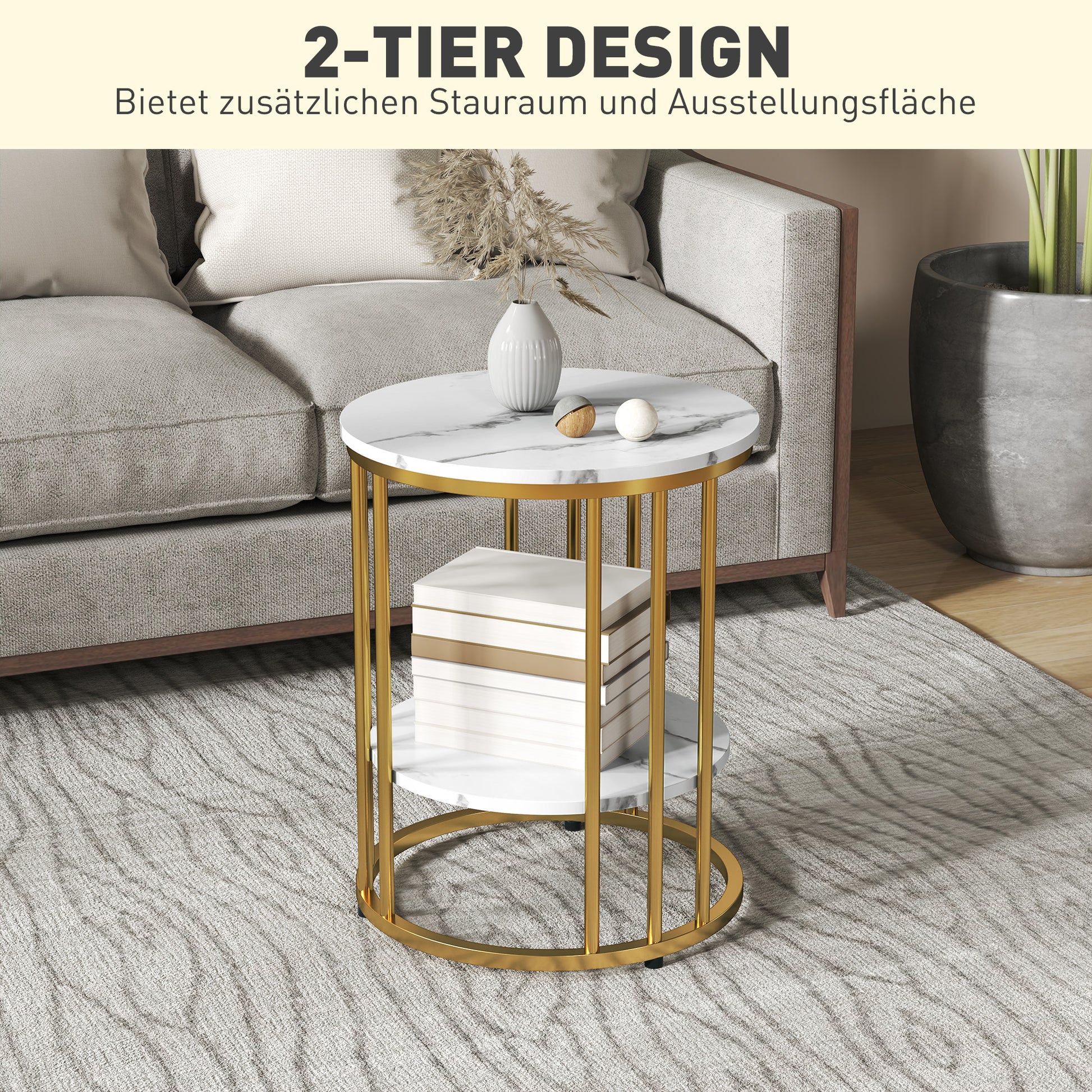 Round Coffee Table 2-Piece Set Side Table with Shelf, Steel Frame, Living Room Table in Marble Effect Coffee Table for Living Room Bedroom White