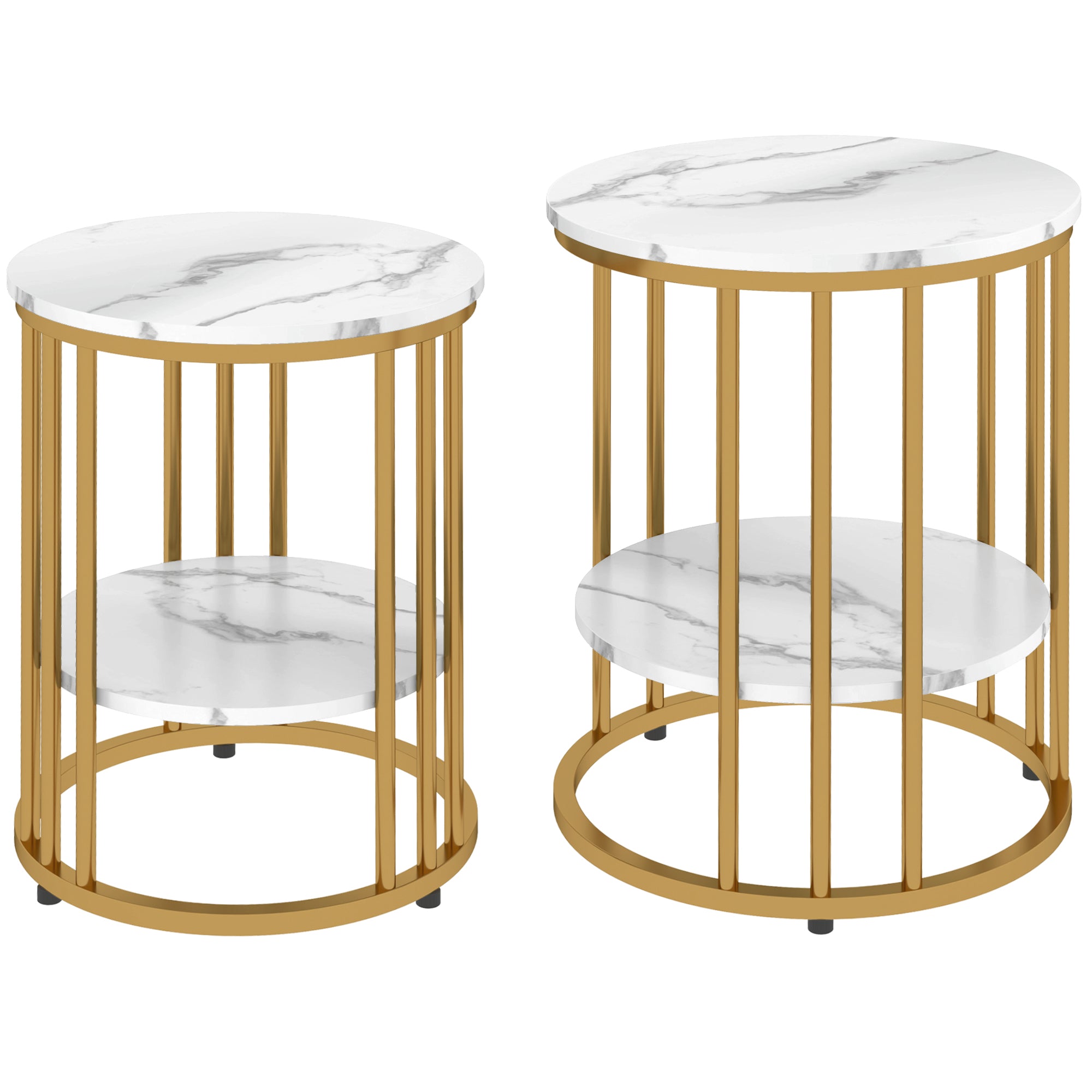 Round Coffee Table 2-Piece Set Side Table with Shelf, Steel Frame, Living Room Table in Marble Effect Coffee Table for Living Room Bedroom White