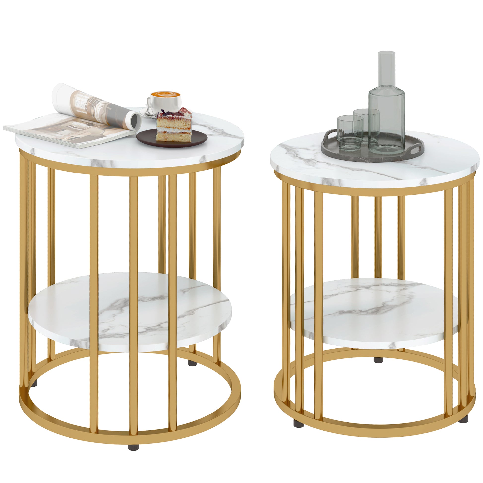 Round Coffee Table 2-Piece Set Side Table with Shelf, Steel Frame, Living Room Table in Marble Effect Coffee Table for Living Room Bedroom White