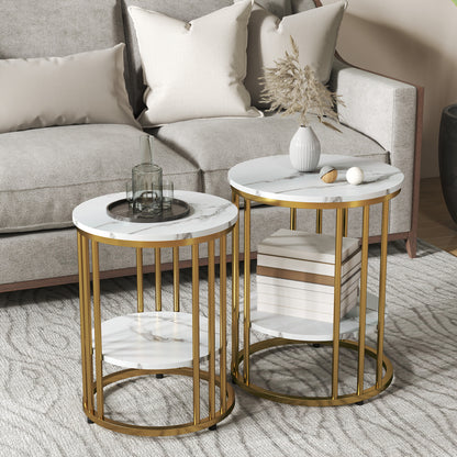Round Coffee Table 2-Piece Set Side Table with Shelf, Steel Frame, Living Room Table in Marble Effect Coffee Table for Living Room Bedroom White