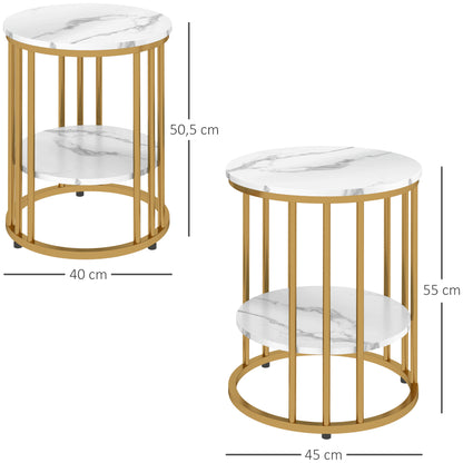 Round Coffee Table 2-Piece Set Side Table with Shelf, Steel Frame, Living Room Table in Marble Effect Coffee Table for Living Room Bedroom White