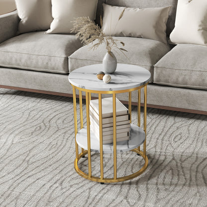 Round Coffee Table 2-Piece Set Side Table with Shelf, Steel Frame, Living Room Table in Marble Effect Coffee Table for Living Room Bedroom White