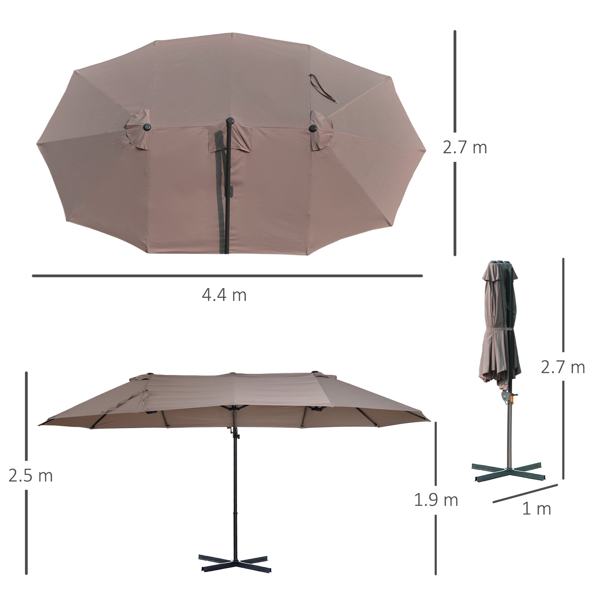 Sunshade Double Sunshade Oval 445x260cm Cantilever Umbrella with Crank Umbrella Stand Garden Umbrella Crank Umbrella, Market Umbrella for Garden Brown