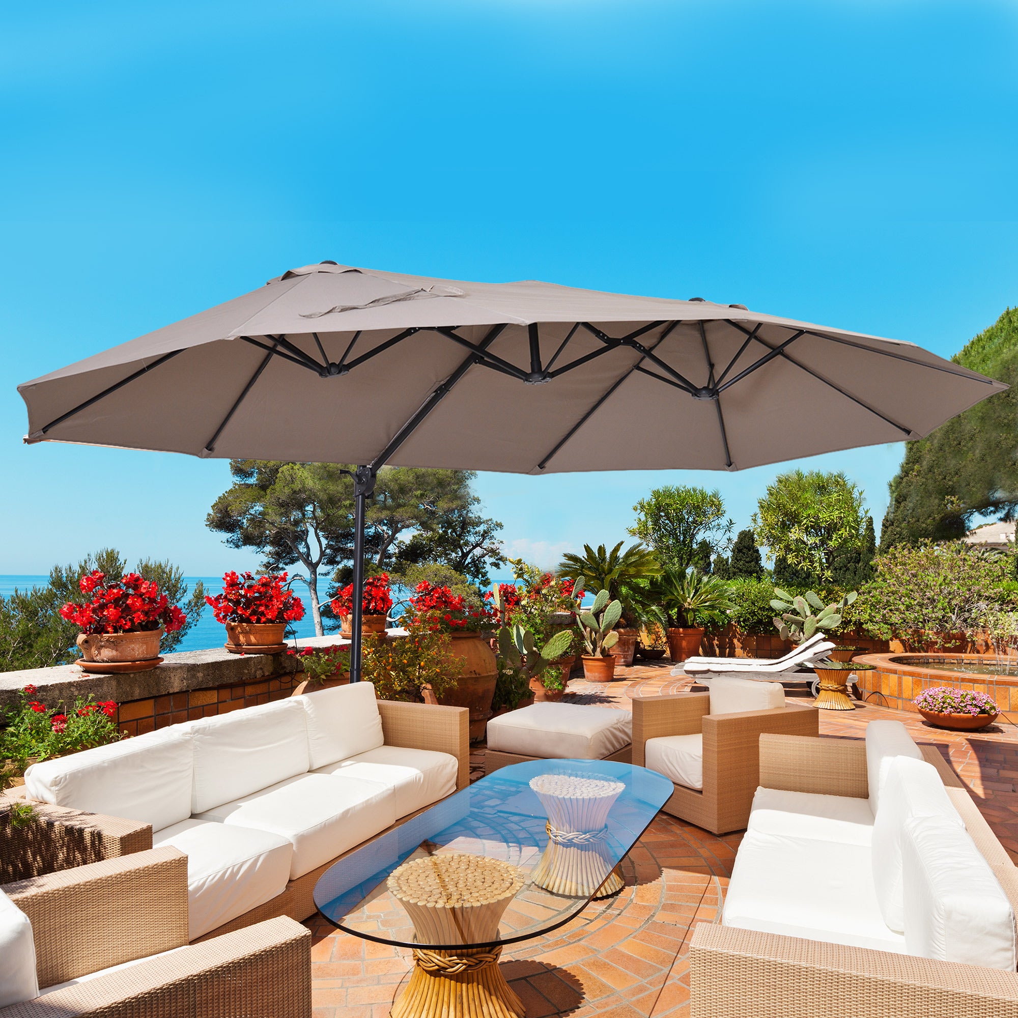 Sunshade Double Sunshade Oval 445x260cm Cantilever Umbrella with Crank Umbrella Stand Garden Umbrella Crank Umbrella, Market Umbrella for Garden Brown