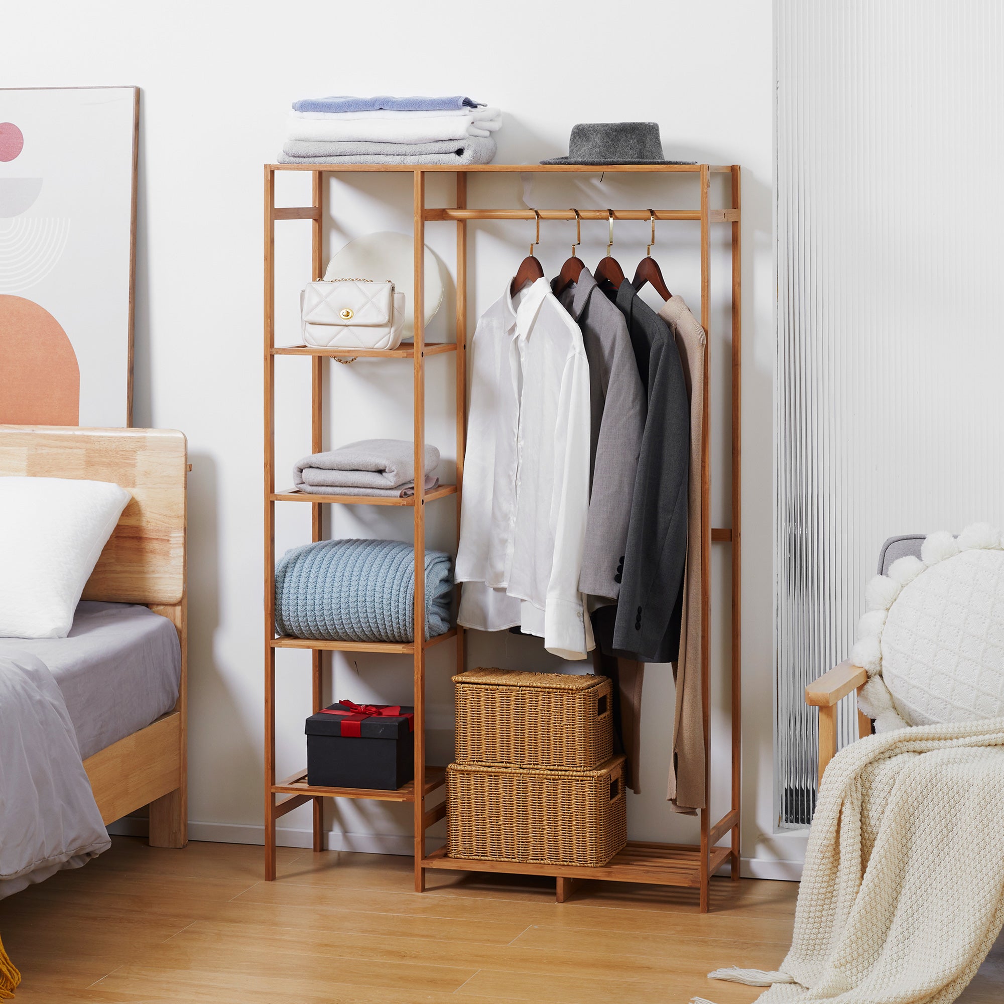 Coat Rack Wardrobe Stand with Clothes Rail, Shoe Shelf, Shelf, Wardrobe Made of Bamboo for Bedroom, Exhibitions, Laundry Room, Natural Wood