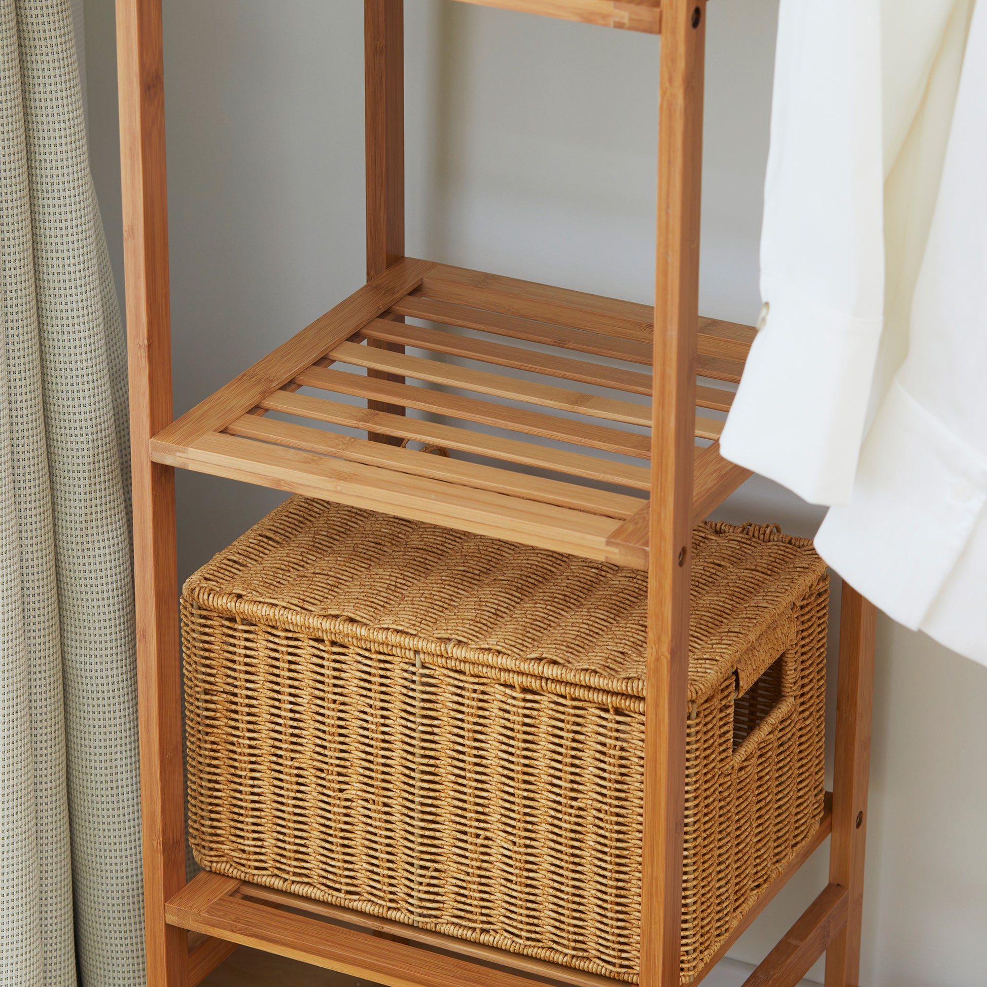Coat Rack Wardrobe Stand with Clothes Rail, Shoe Shelf, Shelf, Wardrobe Made of Bamboo for Bedroom, Exhibitions, Laundry Room, Natural Wood