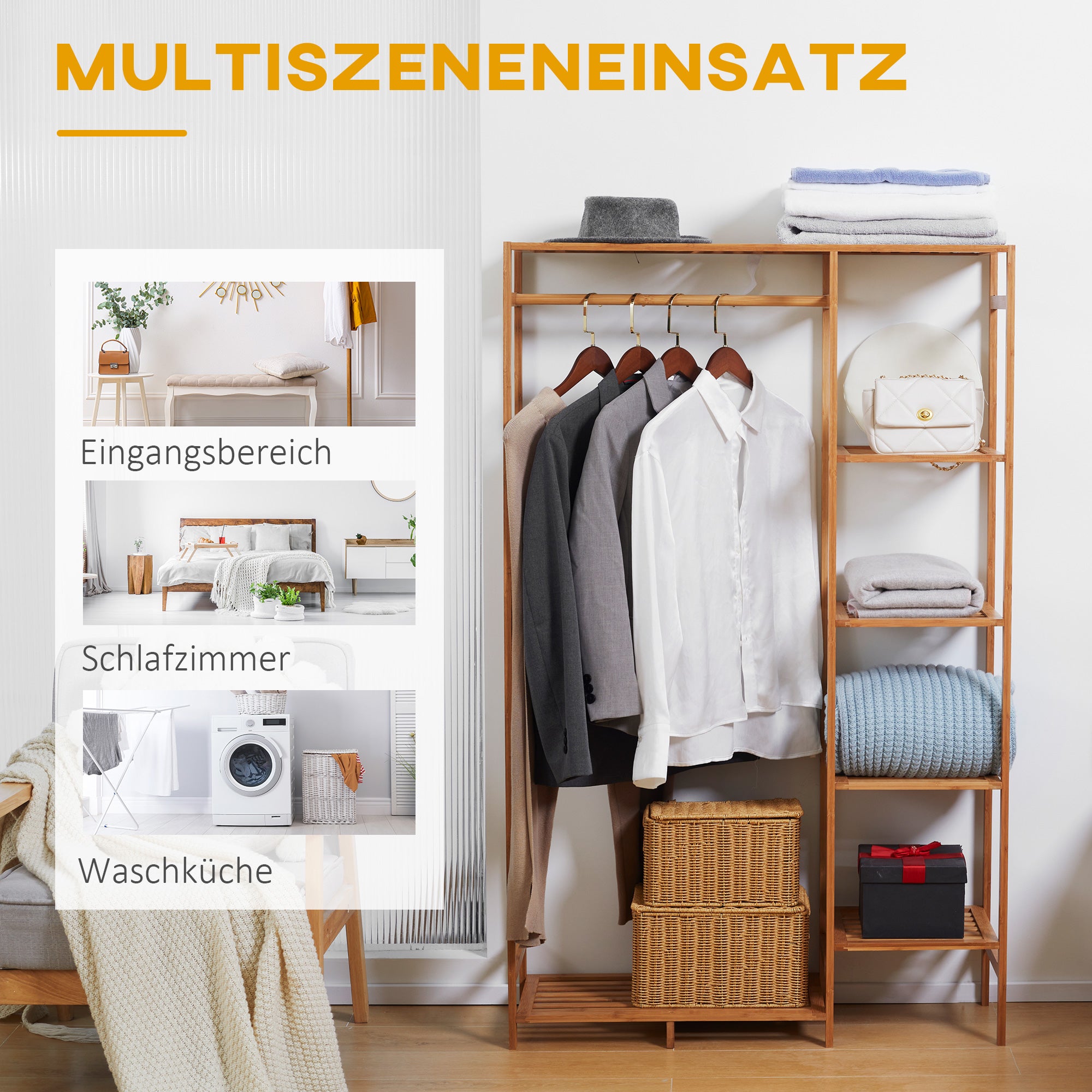 Coat Rack Wardrobe Stand with Clothes Rail, Shoe Shelf, Shelf, Wardrobe Made of Bamboo for Bedroom, Exhibitions, Laundry Room, Natural Wood