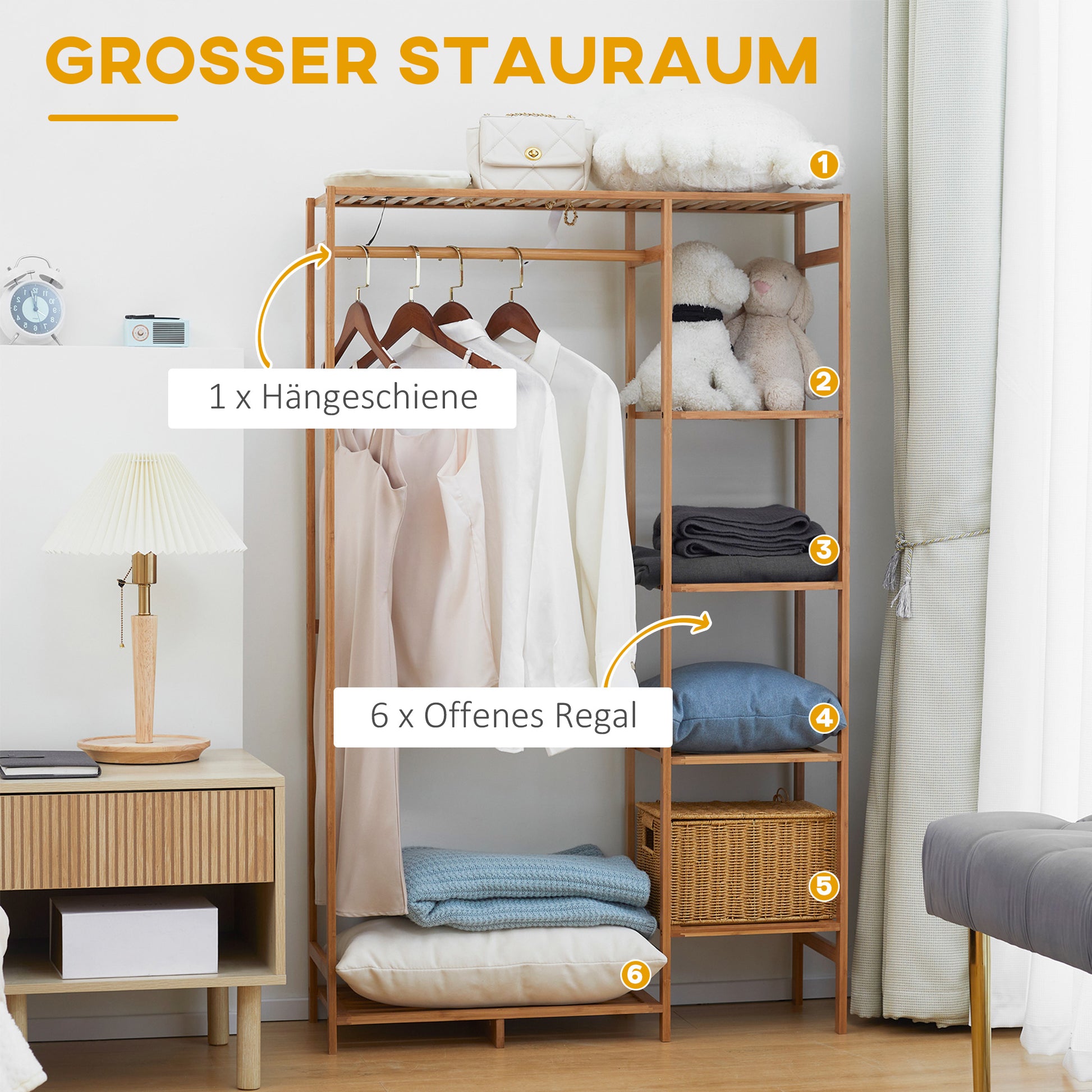Coat Rack Wardrobe Stand with Clothes Rail, Shoe Shelf, Shelf, Wardrobe Made of Bamboo for Bedroom, Exhibitions, Laundry Room, Natural Wood