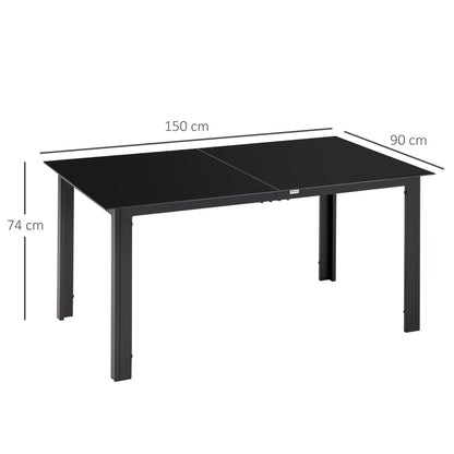 Garden Table Aluminum 150 x 90 cm Weatherproof Balcony Table with Glass Tabletop, Buffet Table Camping Table for 6 People Patio Table Outdoor Dining Table for Garden, Patio Balcony Black