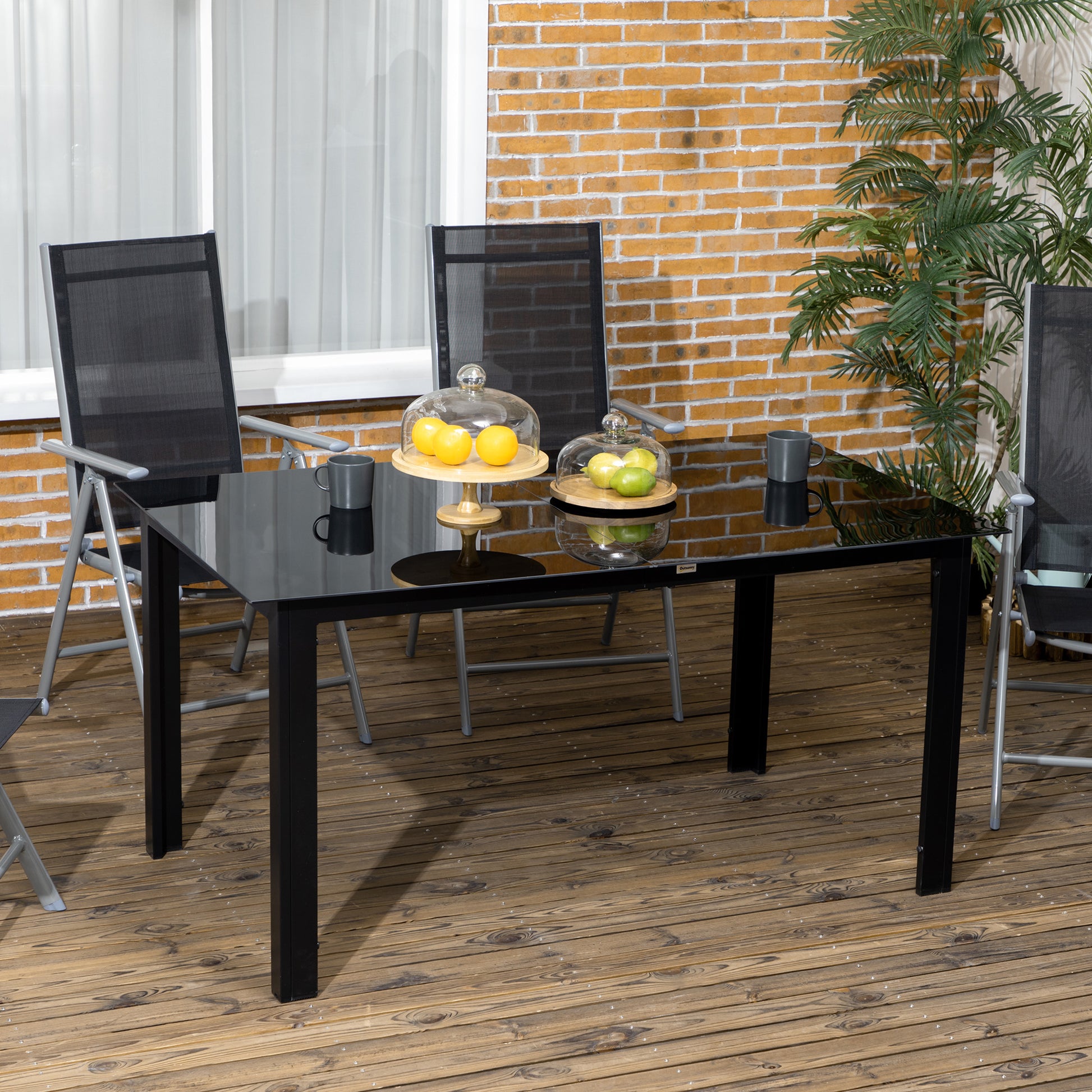 Garden Table Aluminum 150 x 90 cm Weatherproof Balcony Table with Glass Tabletop, Buffet Table Camping Table for 6 People Patio Table Outdoor Dining Table for Garden, Patio Balcony Black
