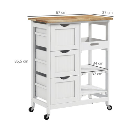 Kitchen Cart Utility Cart with Wheels Vegetable Cart with Wood Board 3 Drawers 2 Open Shelves and Removable Tray for Dining Room Living Room 67x37x85.5 cm White
