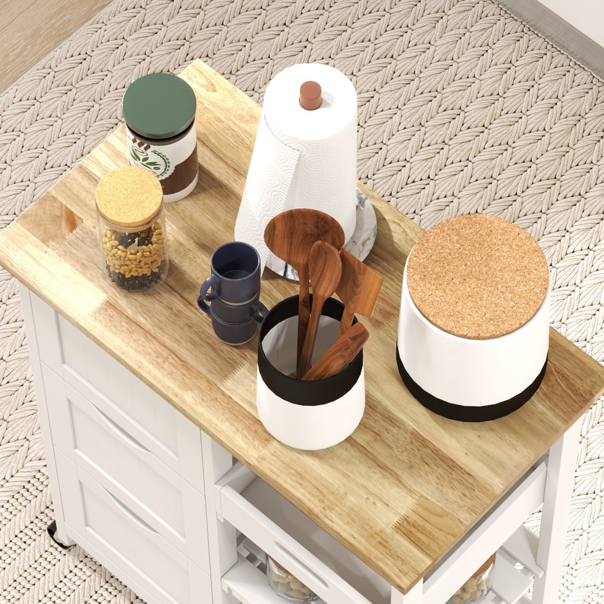 Kitchen Cart Utility Cart with Wheels Vegetable Cart with Wood Board 3 Drawers 2 Open Shelves and Removable Tray for Dining Room Living Room 67x37x85.5 cm White
