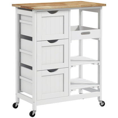Kitchen Cart Utility Cart with Wheels Vegetable Cart with Wood Board 3 Drawers 2 Open Shelves and Removable Tray for Dining Room Living Room 67x37x85.5 cm White