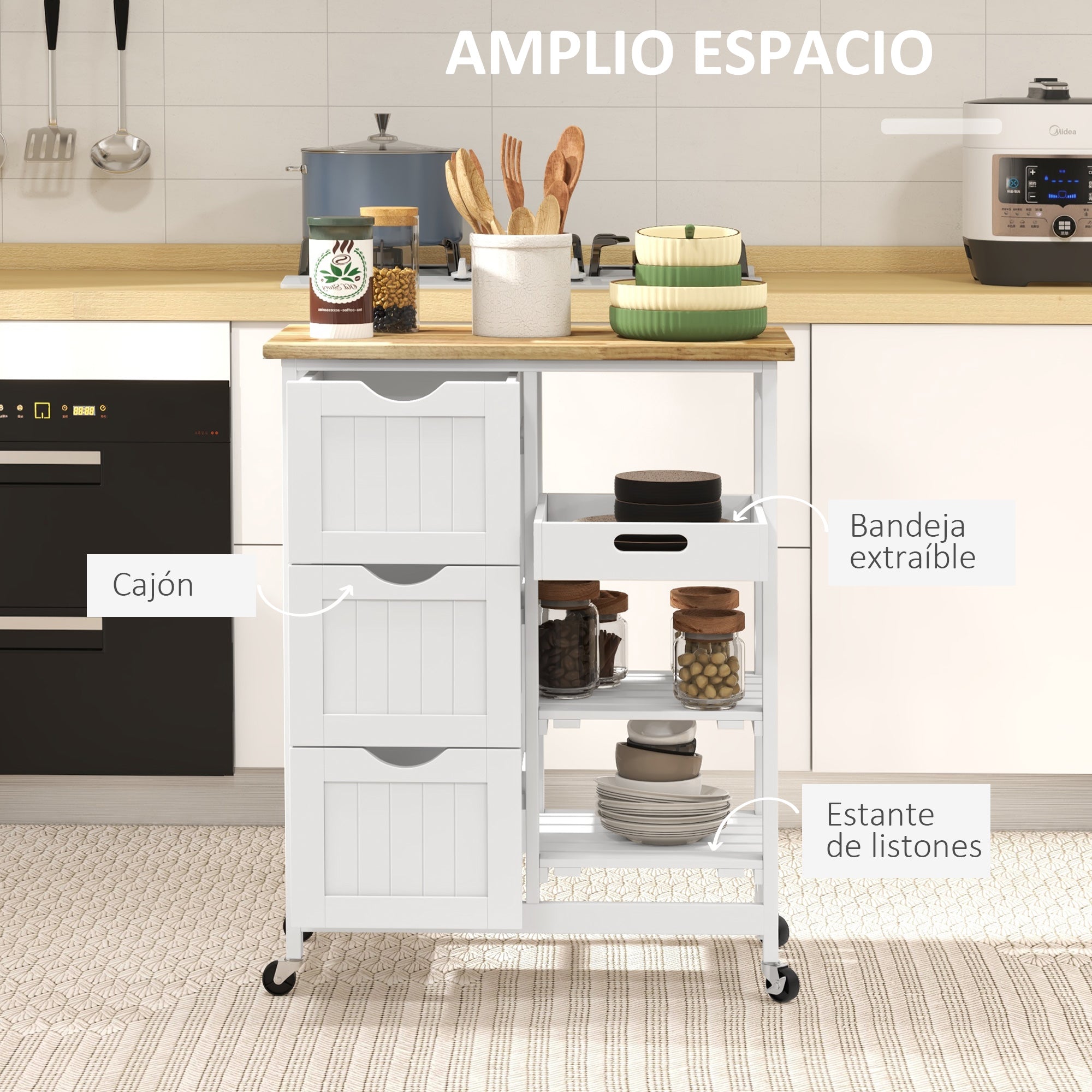Kitchen Cart Utility Cart with Wheels Vegetable Cart with Wood Board 3 Drawers 2 Open Shelves and Removable Tray for Dining Room Living Room 67x37x85.5 cm White