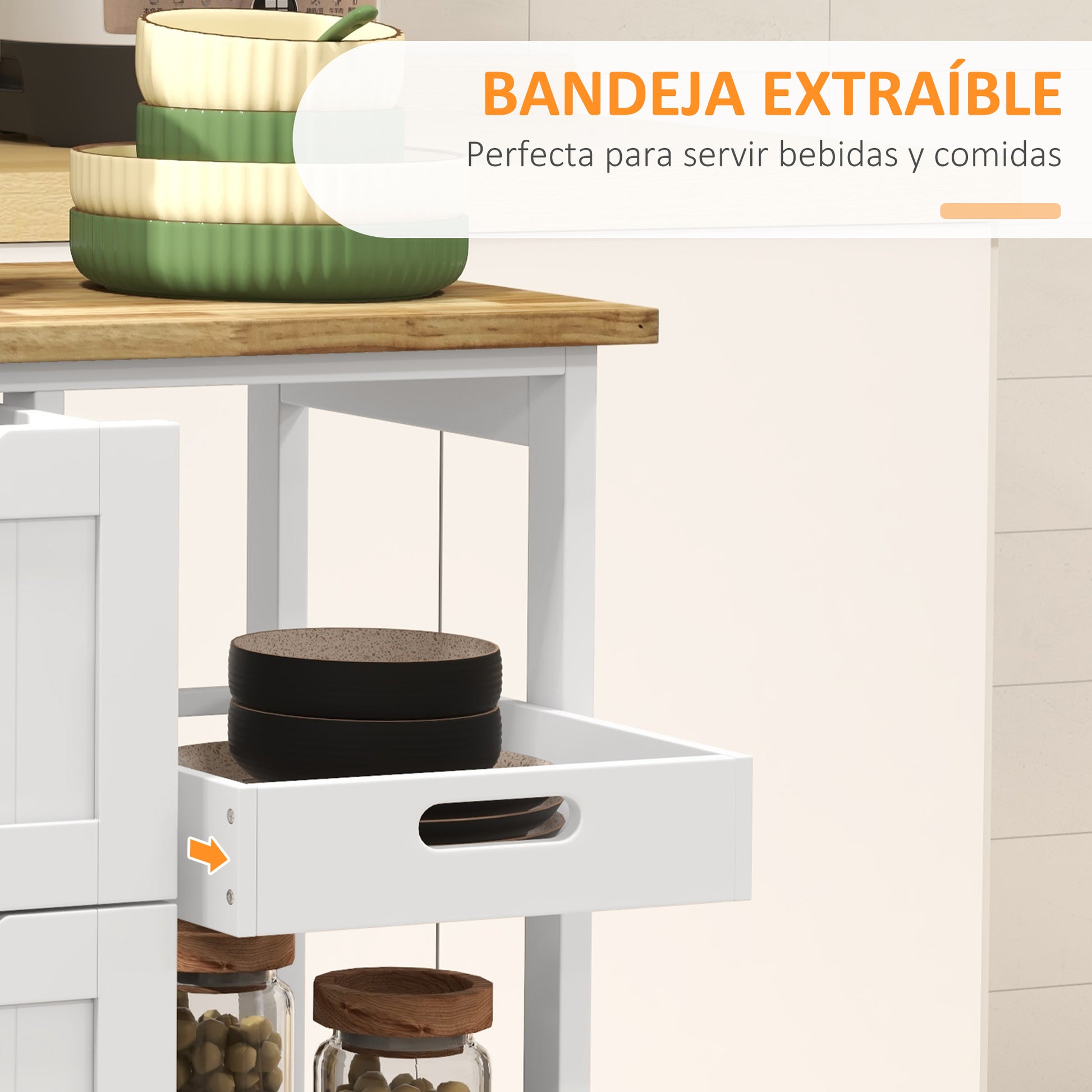 Kitchen Cart Utility Cart with Wheels Vegetable Cart with Wood Board 3 Drawers 2 Open Shelves and Removable Tray for Dining Room Living Room 67x37x85.5 cm White