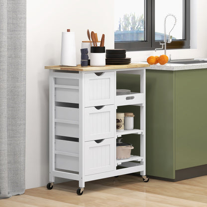 Kitchen Cart Utility Cart with Wheels Vegetable Cart with Wood Board 3 Drawers 2 Open Shelves and Removable Tray for Dining Room Living Room 67x37x85.5 cm White