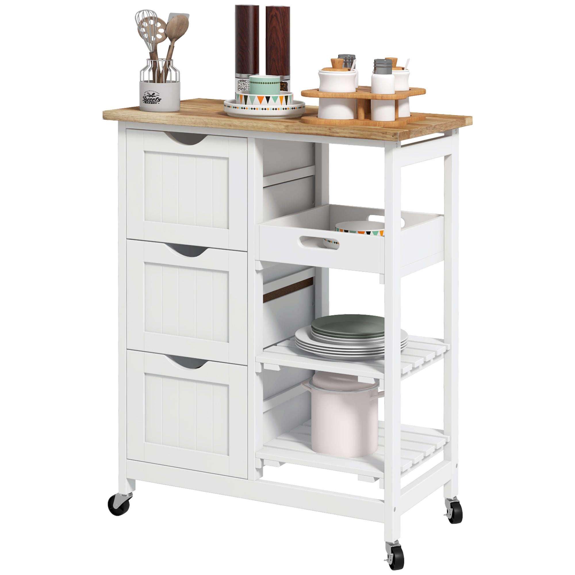Kitchen Cart Utility Cart with Wheels Vegetable Cart with Wood Board 3 Drawers 2 Open Shelves and Removable Tray for Dining Room Living Room 67x37x85.5 cm White