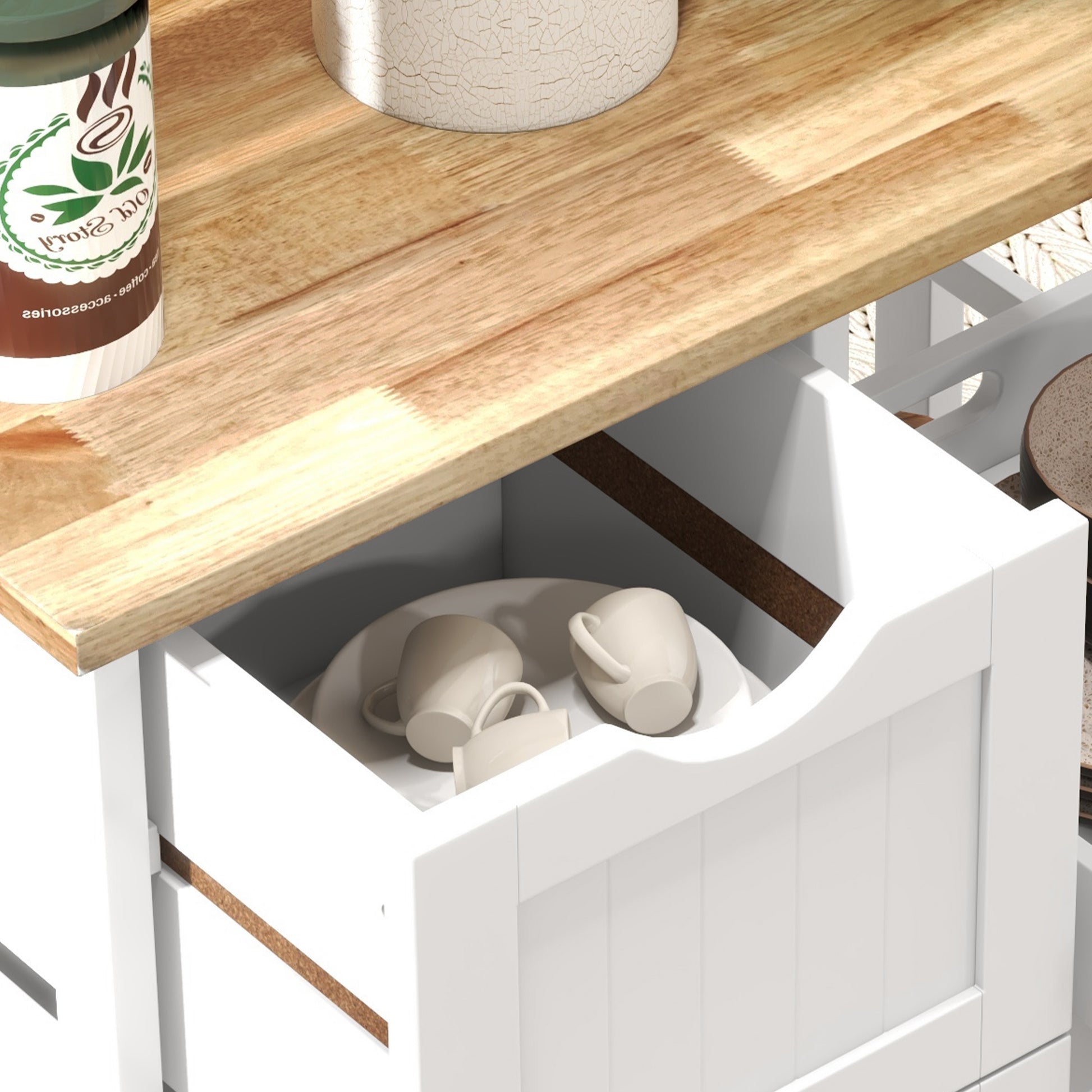 Kitchen Cart Utility Cart with Wheels Vegetable Cart with Wood Board 3 Drawers 2 Open Shelves and Removable Tray for Dining Room Living Room 67x37x85.5 cm White