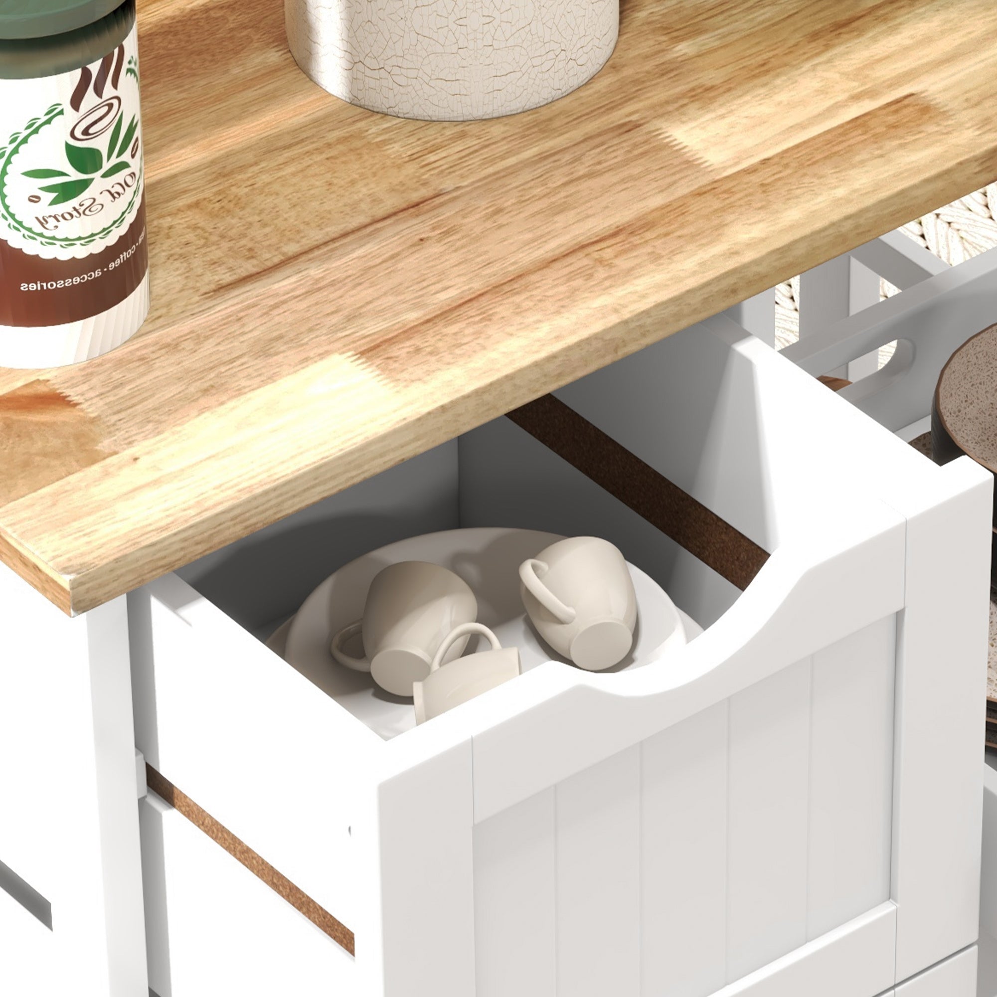 Kitchen Cart Utility Cart with Wheels Vegetable Cart with Wood Board 3 Drawers 2 Open Shelves and Removable Tray for Dining Room Living Room 67x37x85.5 cm White