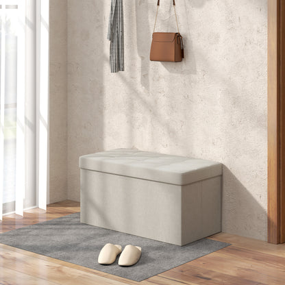Storage Bench Ottoman, 76 x 38 x 38 cm, 84L, Foldable, End of Bed, Footrest, with Lid, for Hallway, Living Room, Tufted Linen, Cream