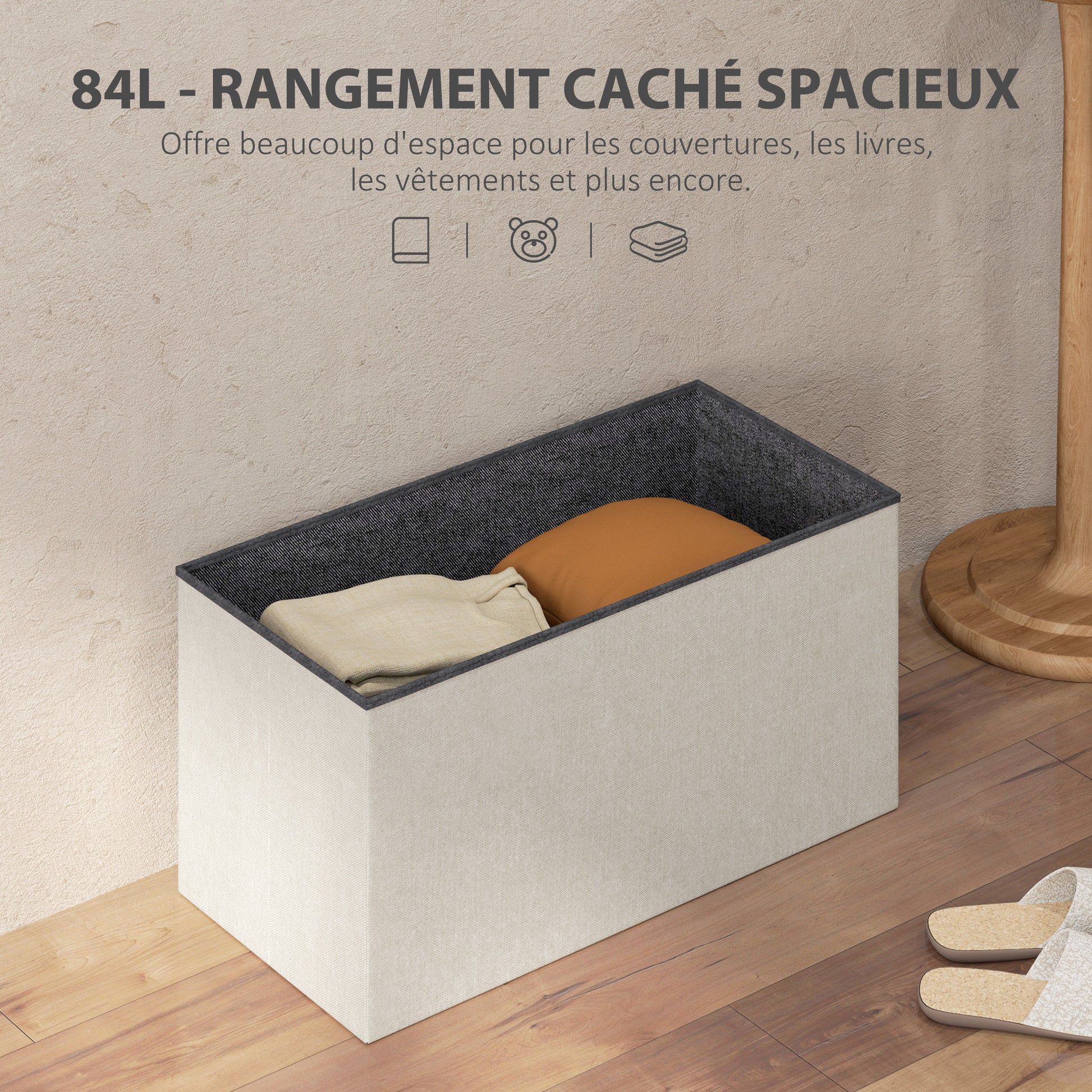 Storage Bench Ottoman, 76 x 38 x 38 cm, 84L, Foldable, End of Bed, Footrest, with Lid, for Hallway, Living Room, Tufted Linen, Cream
