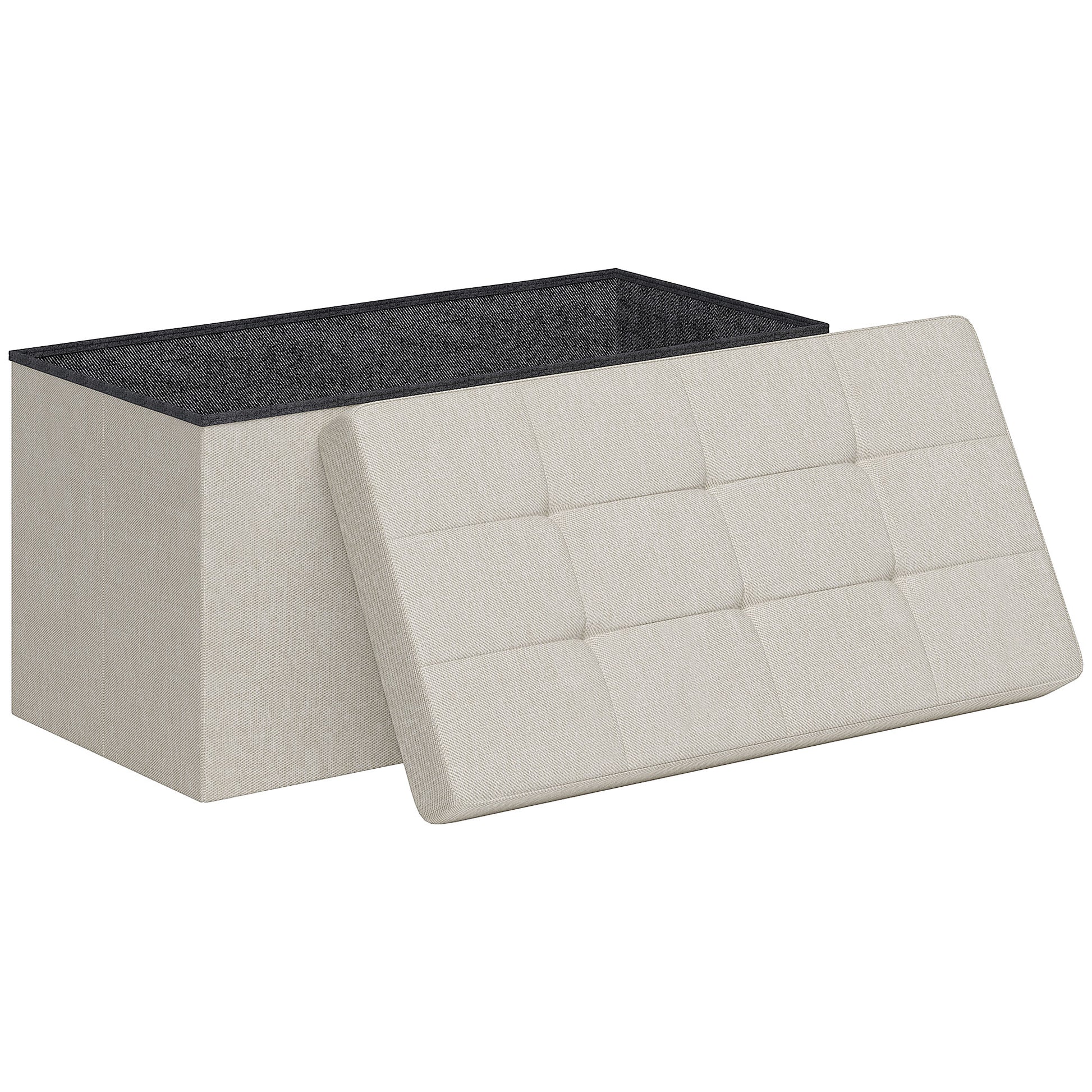 Storage Bench Ottoman, 76 x 38 x 38 cm, 84L, Foldable, End of Bed, Footrest, with Lid, for Hallway, Living Room, Tufted Linen, Cream