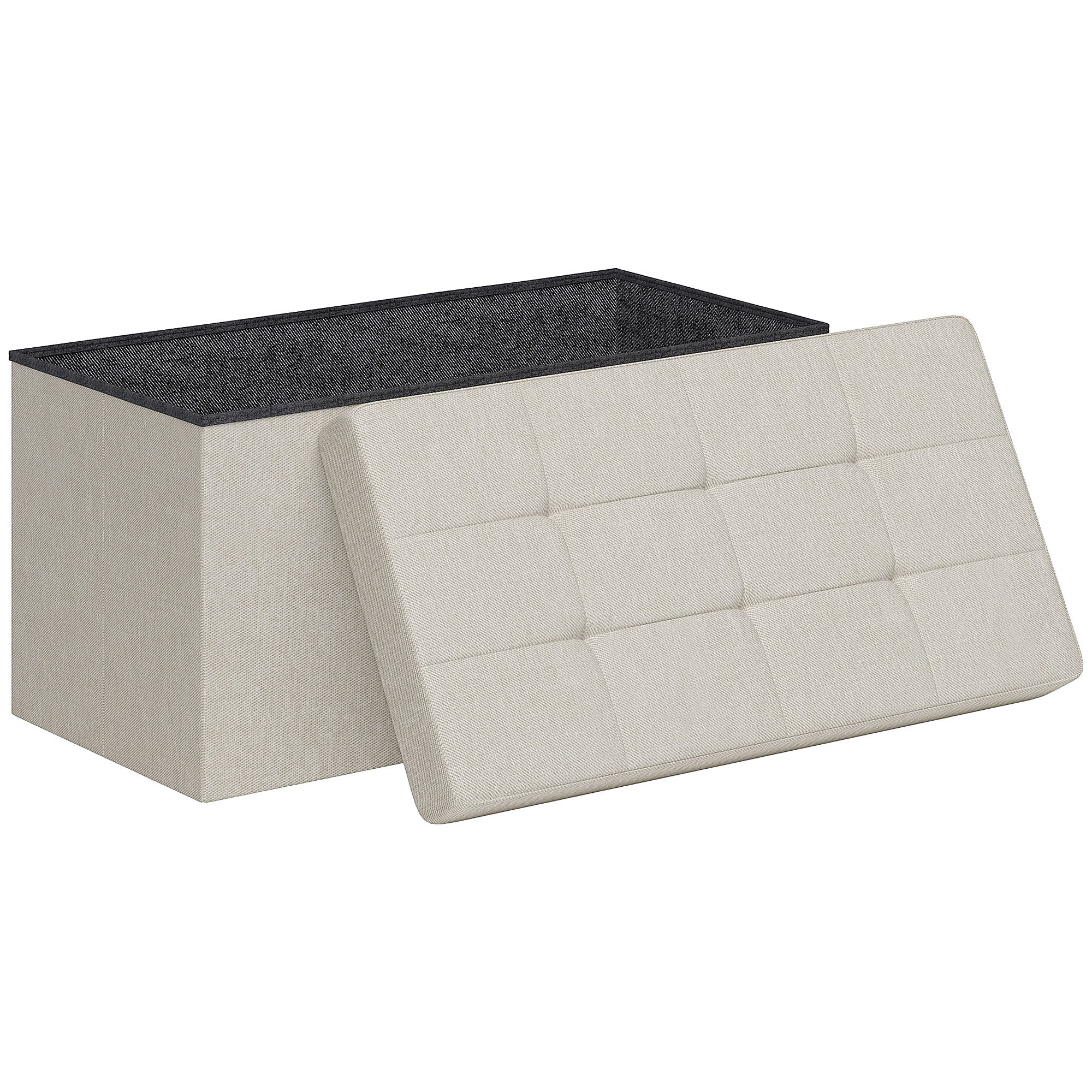 Storage Bench Ottoman, 76 x 38 x 38 cm, 84L, Foldable, End of Bed, Footrest, with Lid, for Hallway, Living Room, Tufted Linen, Cream