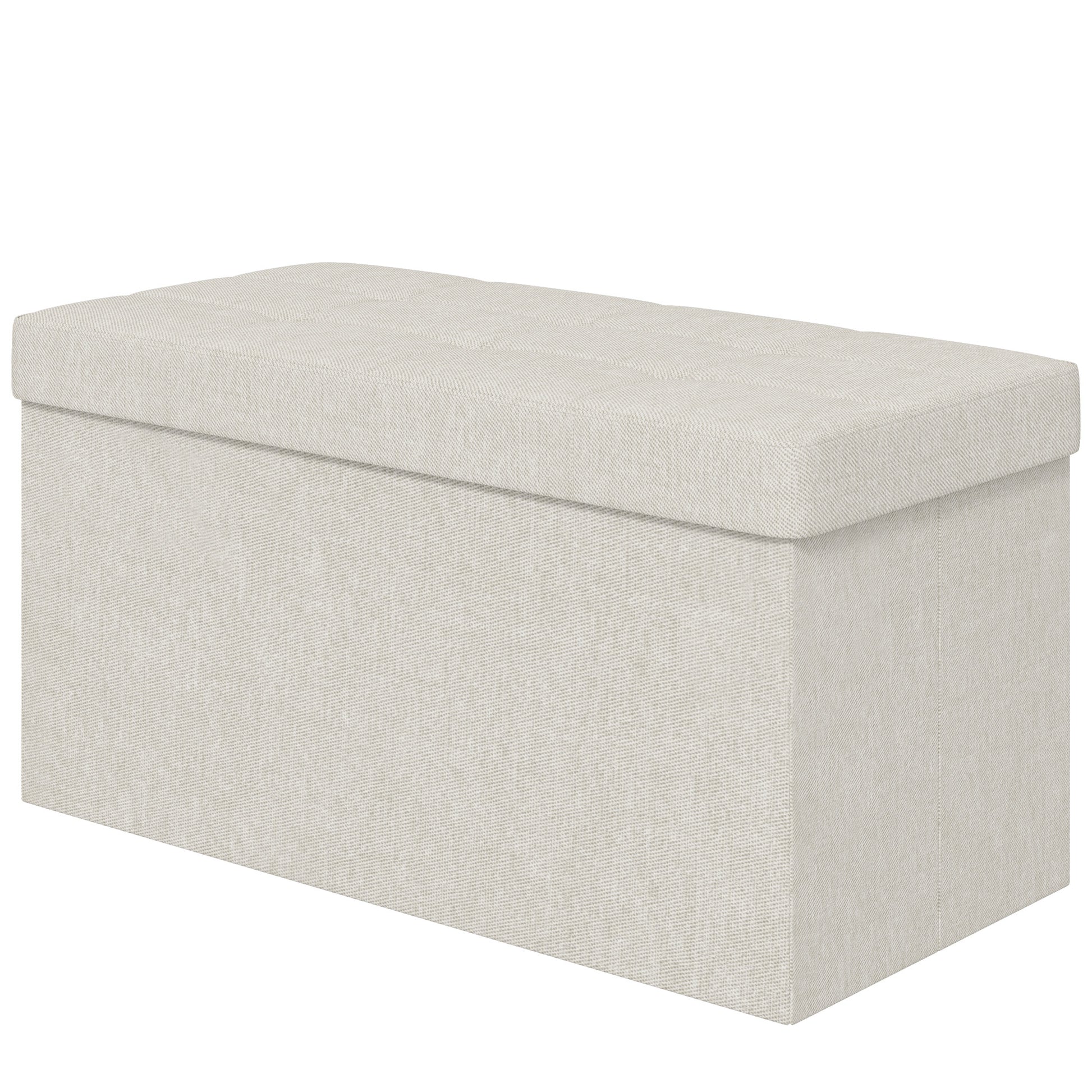 Storage Bench Ottoman, 76 x 38 x 38 cm, 84L, Foldable, End of Bed, Footrest, with Lid, for Hallway, Living Room, Tufted Linen, Cream