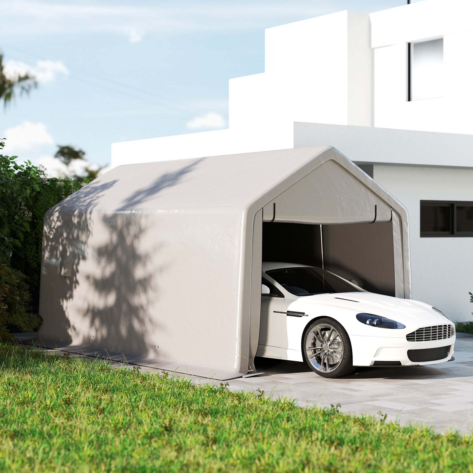Carport Car Garage Tent 3 x 5.2 m, Outdoor Vehicle Shelter, Storage Tent with Removable Roll-Up Door, Carport for Cars, Trucks, Boats, Gray