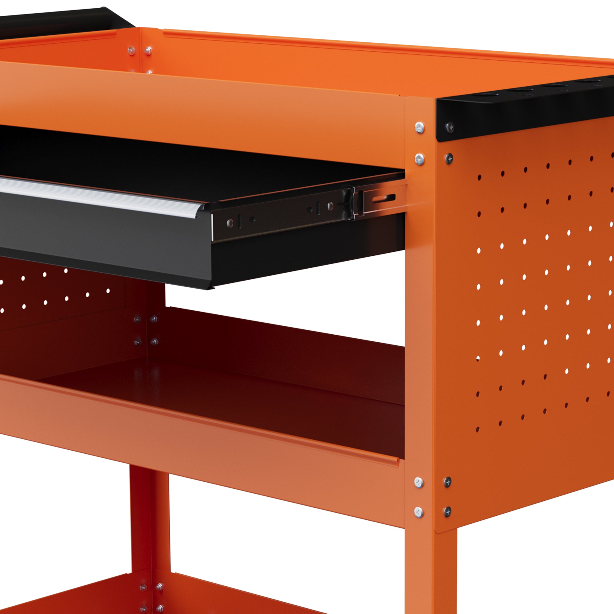 Tool Cart with Handle and Side Insert Board, Drawer and 3 Shelves, Workshop Tool Cart with 4 Wheels (2 with Brake) in Steel Plate for Garage, 82x35x76 cm, Orange