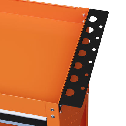 Tool Cart with Handle and Side Insert Board, Drawer and 3 Shelves, Workshop Tool Cart with 4 Wheels (2 with Brake) in Steel Plate for Garage, 82x35x76 cm, Orange