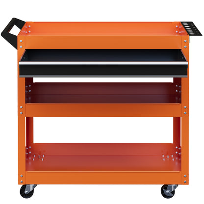 Tool Cart with Handle and Side Insert Board, Drawer and 3 Shelves, Workshop Tool Cart with 4 Wheels (2 with Brake) in Steel Plate for Garage, 82x35x76 cm, Orange