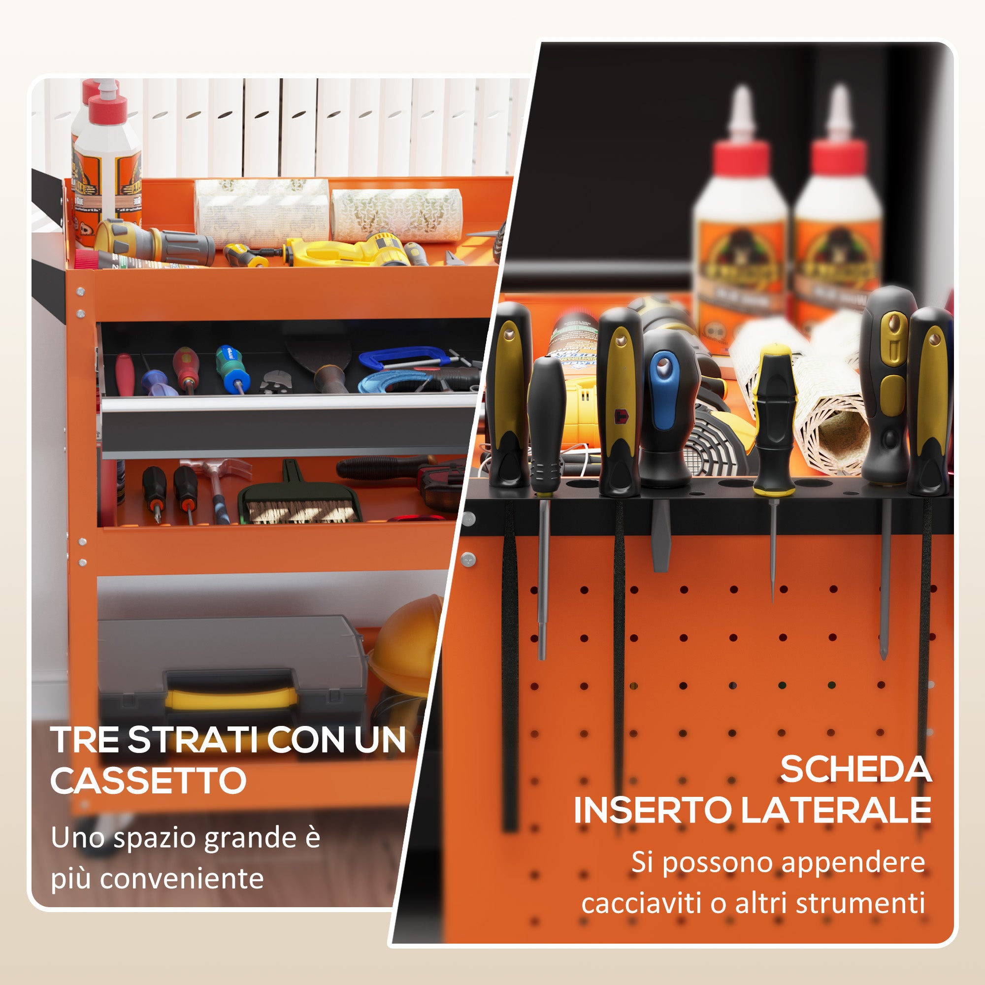 Tool Cart with Handle and Side Insert Board, Drawer and 3 Shelves, Workshop Tool Cart with 4 Wheels (2 with Brake) in Steel Plate for Garage, 82x35x76 cm, Orange