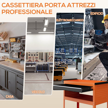 Tool Cart with Handle and Side Insert Board, Drawer and 3 Shelves, Workshop Tool Cart with 4 Wheels (2 with Brake) in Steel Plate for Garage, 82x35x76 cm, Orange