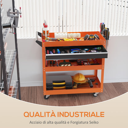 Tool Cart with Handle and Side Insert Board, Drawer and 3 Shelves, Workshop Tool Cart with 4 Wheels (2 with Brake) in Steel Plate for Garage, 82x35x76 cm, Orange