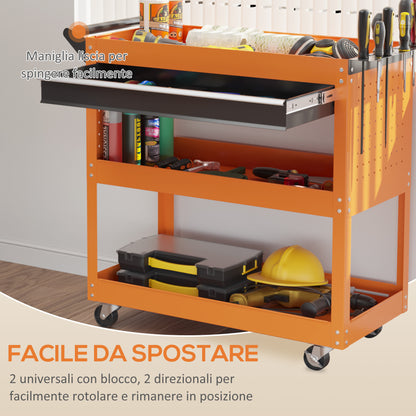 Tool Cart with Handle and Side Insert Board, Drawer and 3 Shelves, Workshop Tool Cart with 4 Wheels (2 with Brake) in Steel Plate for Garage, 82x35x76 cm, Orange