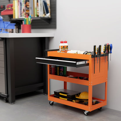 Tool Cart with Handle and Side Insert Board, Drawer and 3 Shelves, Workshop Tool Cart with 4 Wheels (2 with Brake) in Steel Plate for Garage, 82x35x76 cm, Orange