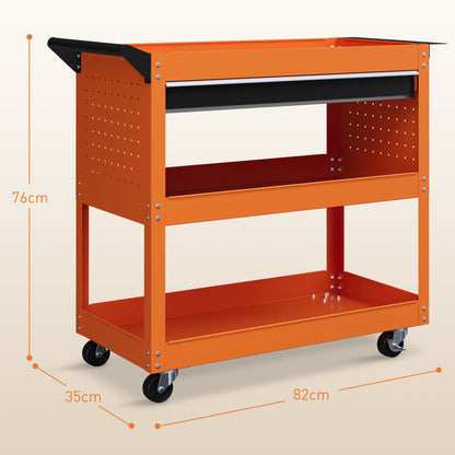 Tool Cart with Handle and Side Insert Board, Drawer and 3 Shelves, Workshop Tool Cart with 4 Wheels (2 with Brake) in Steel Plate for Garage, 82x35x76 cm, Orange