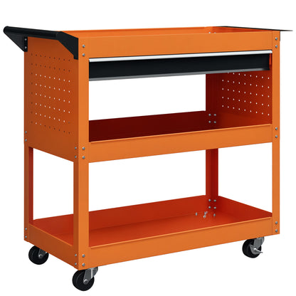 Tool Cart with Handle and Side Insert Board, Drawer and 3 Shelves, Workshop Tool Cart with 4 Wheels (2 with Brake) in Steel Plate for Garage, 82x35x76 cm, Orange