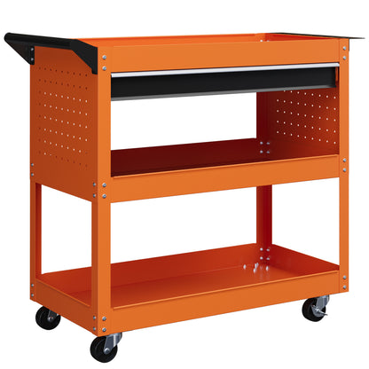 Tool Cart with Handle and Side Insert Board, Drawer and 3 Shelves, Workshop Tool Cart with 4 Wheels (2 with Brake) in Steel Plate for Garage, 82x35x76 cm, Orange