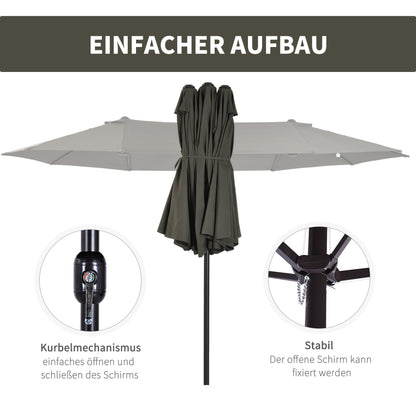 Double Sun Umbrella 455 x 265 cm, UV Protection Sunshade with Hand Crank, Balcony Umbrella Beach Umbrella Windproof Crank Umbrella Sun Protection for Beach Balcony Garden, Gray