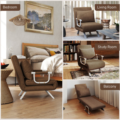 Single Seater Convertible Armchair Sofa Bed Removable Cover Great Comfort Cushion Metal Armrests Suede Brown