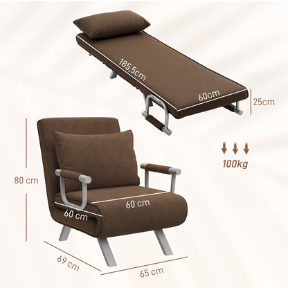 Single Seater Convertible Armchair Sofa Bed Removable Cover Great Comfort Cushion Metal Armrests Suede Brown