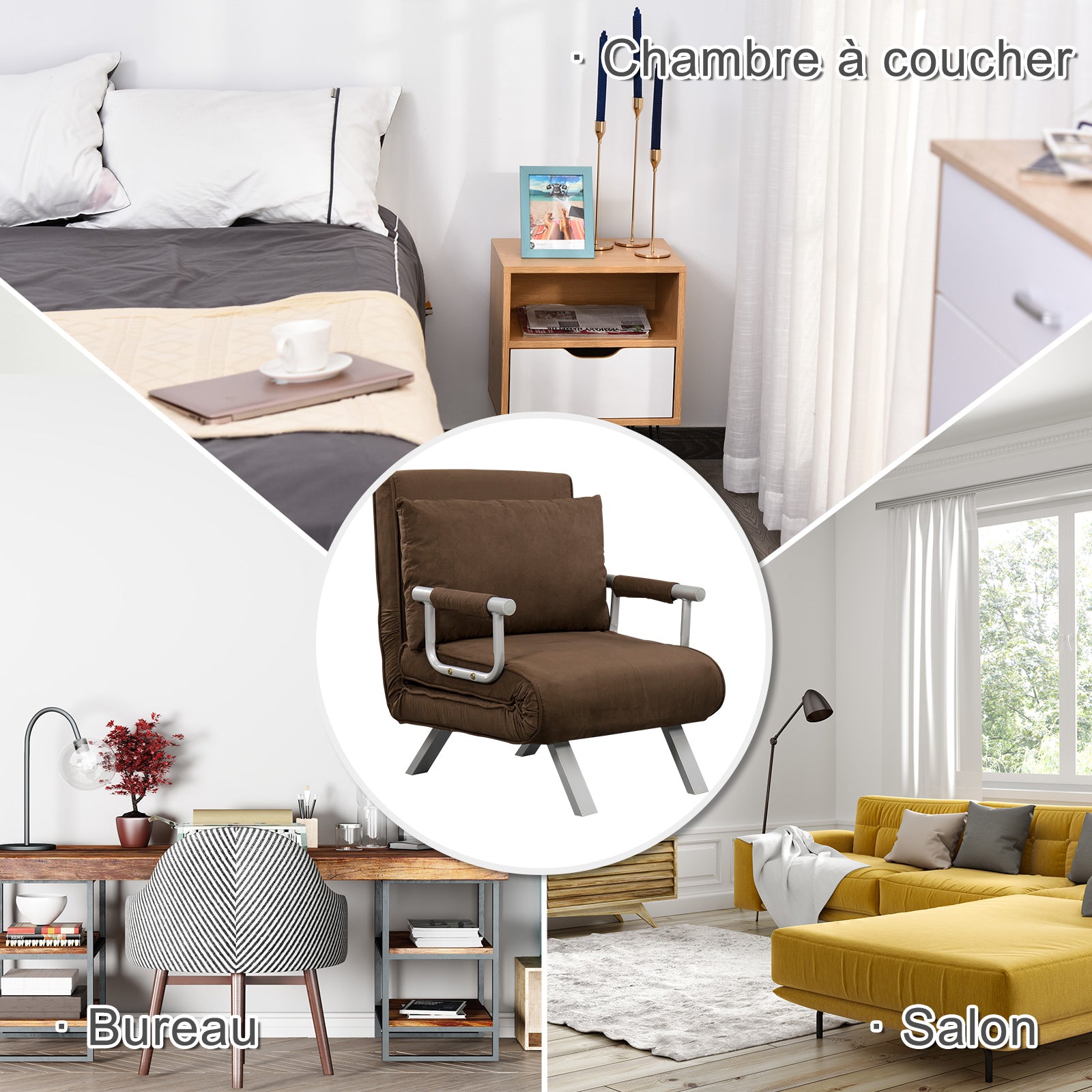 Single Seater Convertible Armchair Sofa Bed Removable Cover Great Comfort Cushion Metal Armrests Suede Brown
