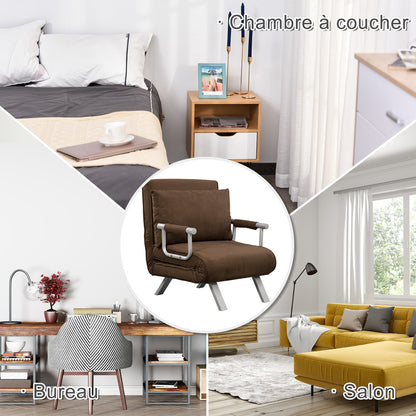 Single Seater Convertible Armchair Sofa Bed Removable Cover Great Comfort Cushion Metal Armrests Suede Brown