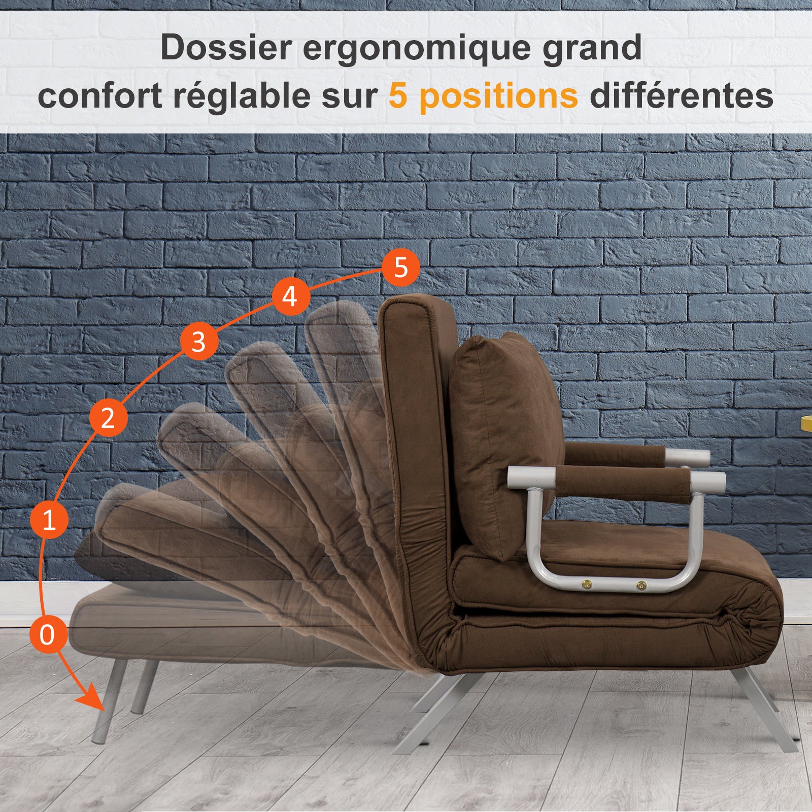 Single Seater Convertible Armchair Sofa Bed Removable Cover Great Comfort Cushion Metal Armrests Suede Brown