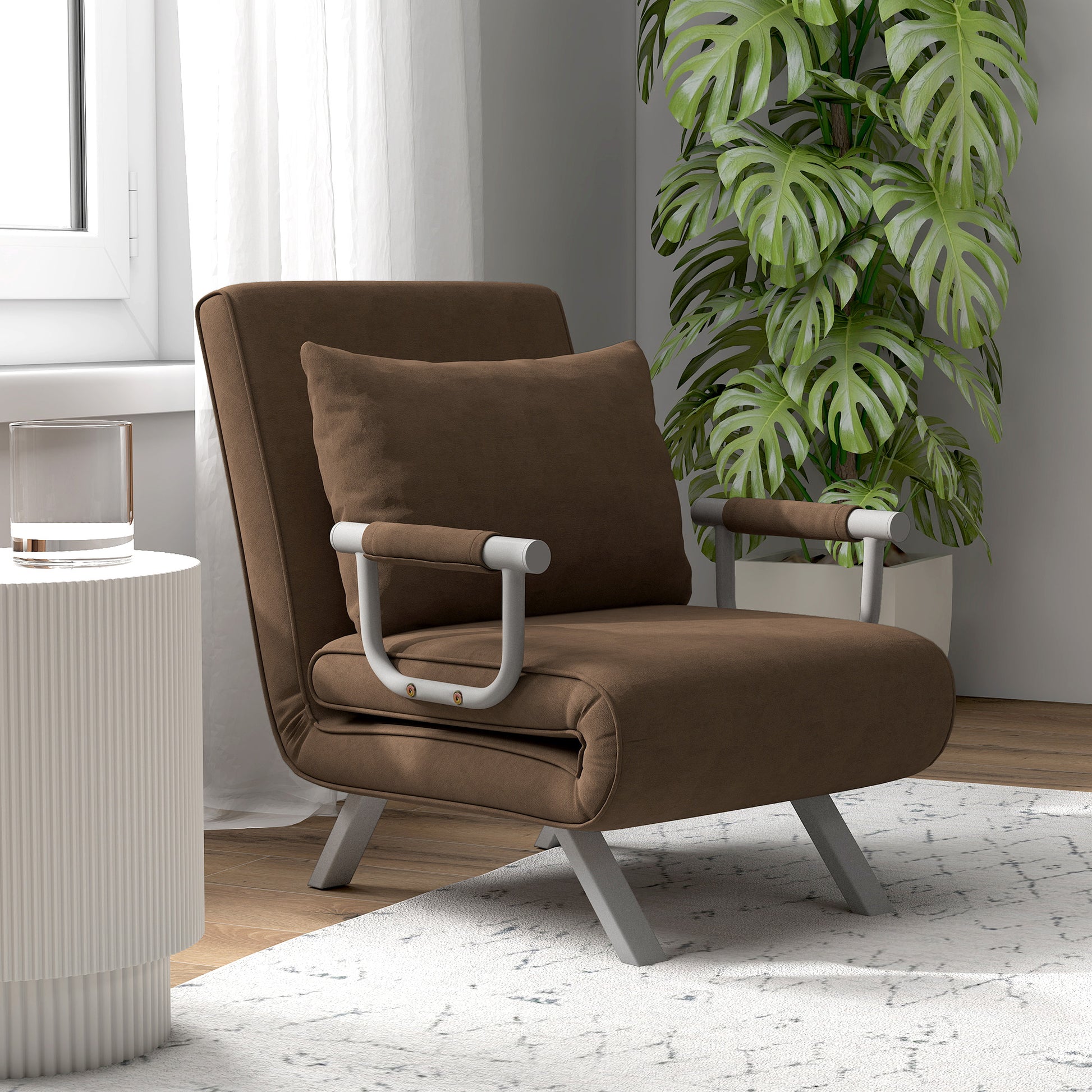 Single Seater Convertible Armchair Sofa Bed Removable Cover Great Comfort Cushion Metal Armrests Suede Brown